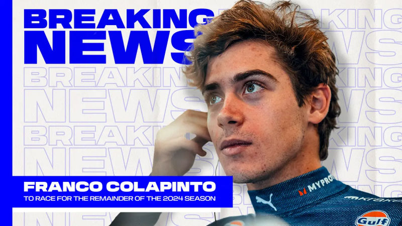 Williams Racing anuncia que Franco Colapinto correrá con el equipo el resto de la temporada 2024 del Campeonato del Mundo de Fórmula 1 de la FIA